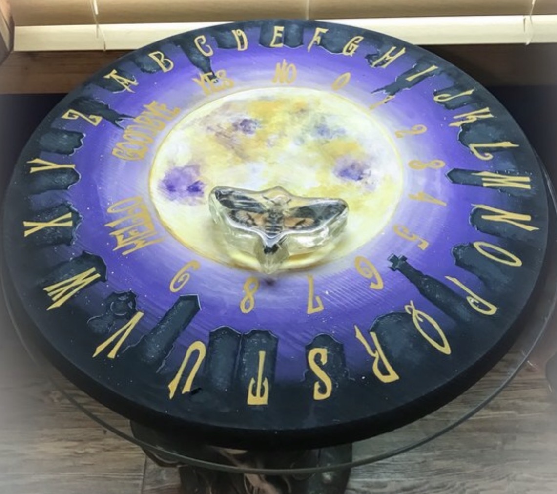 Purple moon spirit board table with moth planchette by Loren Morris, Primitive Witchery